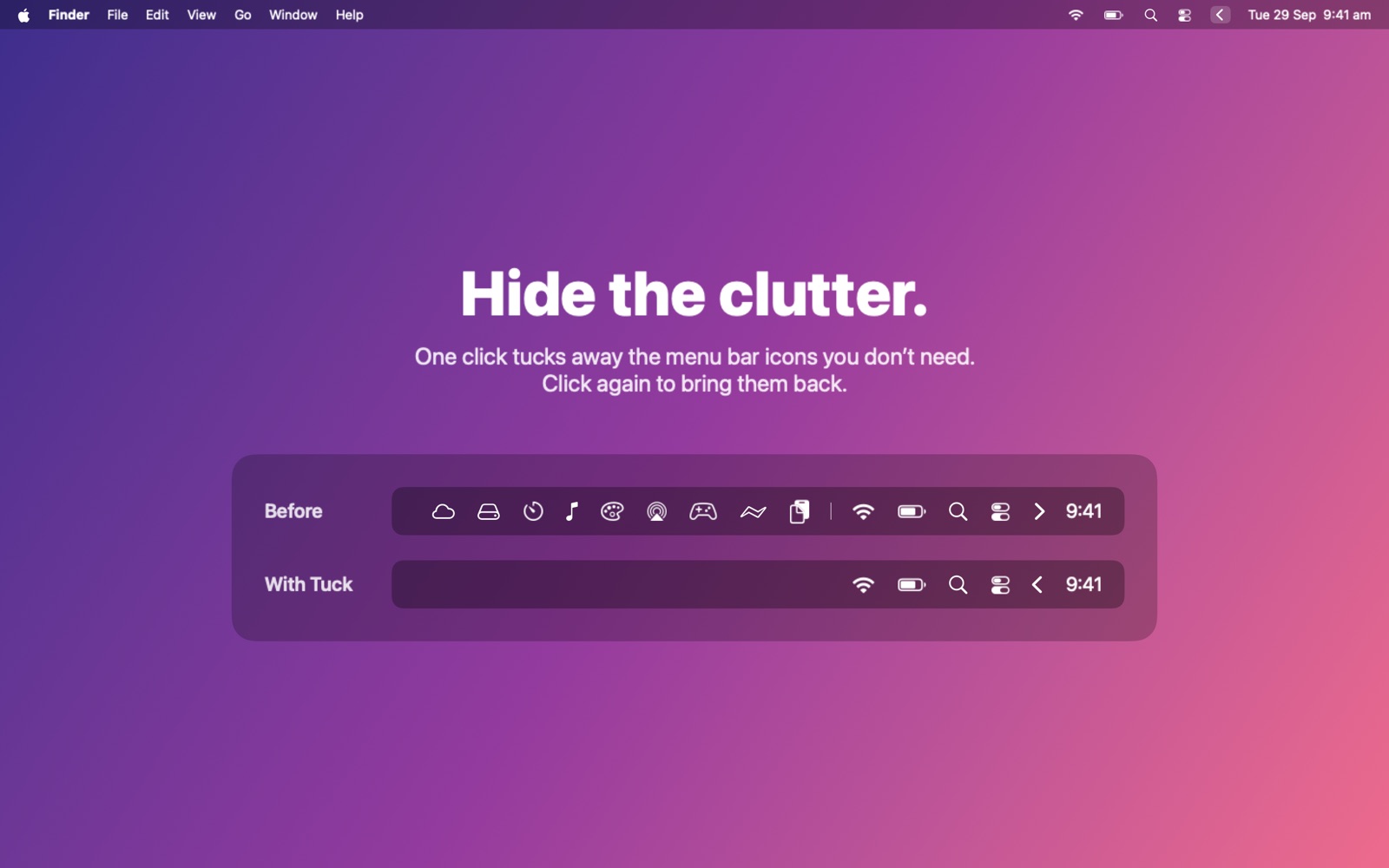 A Mac menu bar with extra icons hidden behind Tuck’s arrow