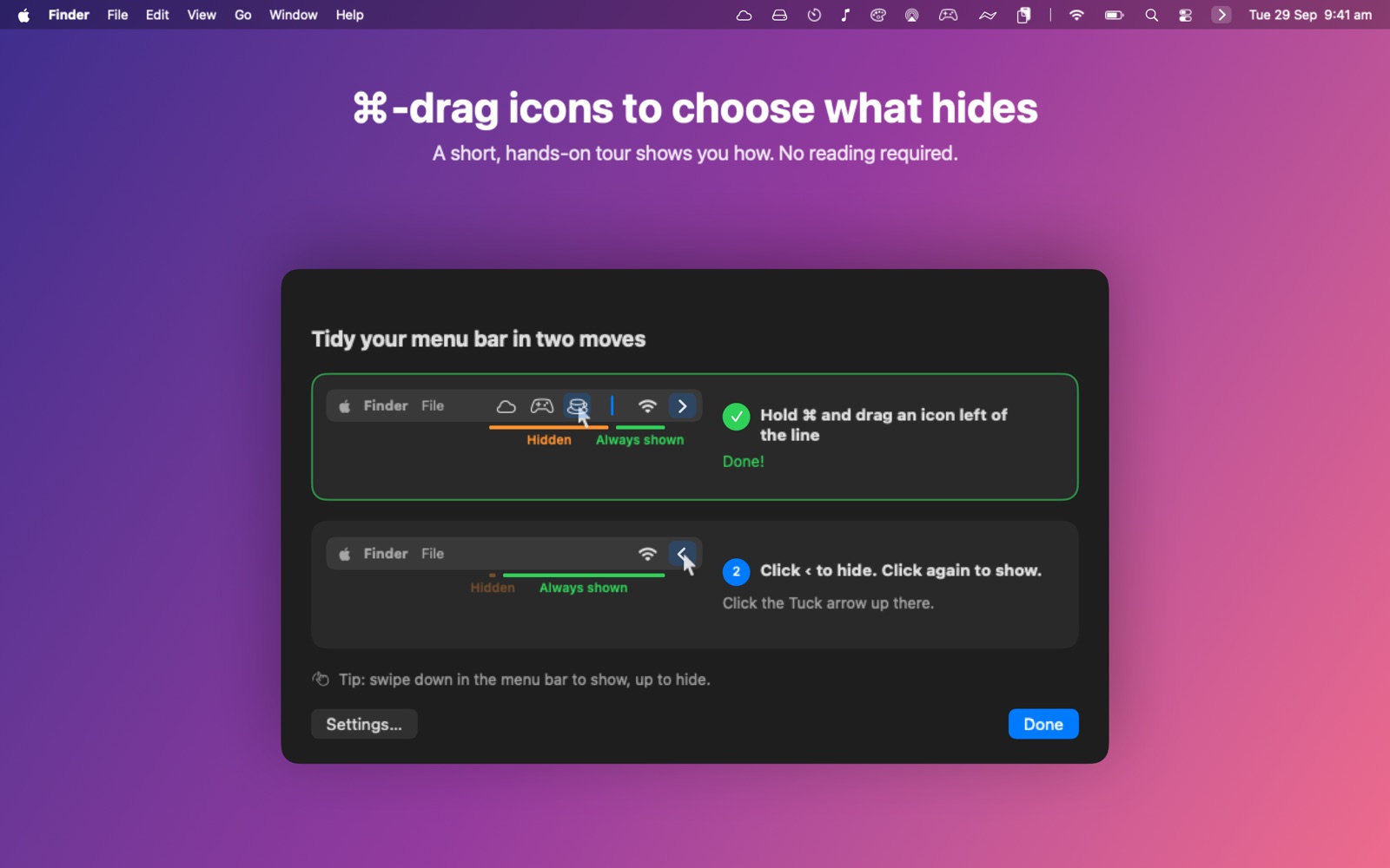 Arranging menu bar icons around Tuck’s divider
