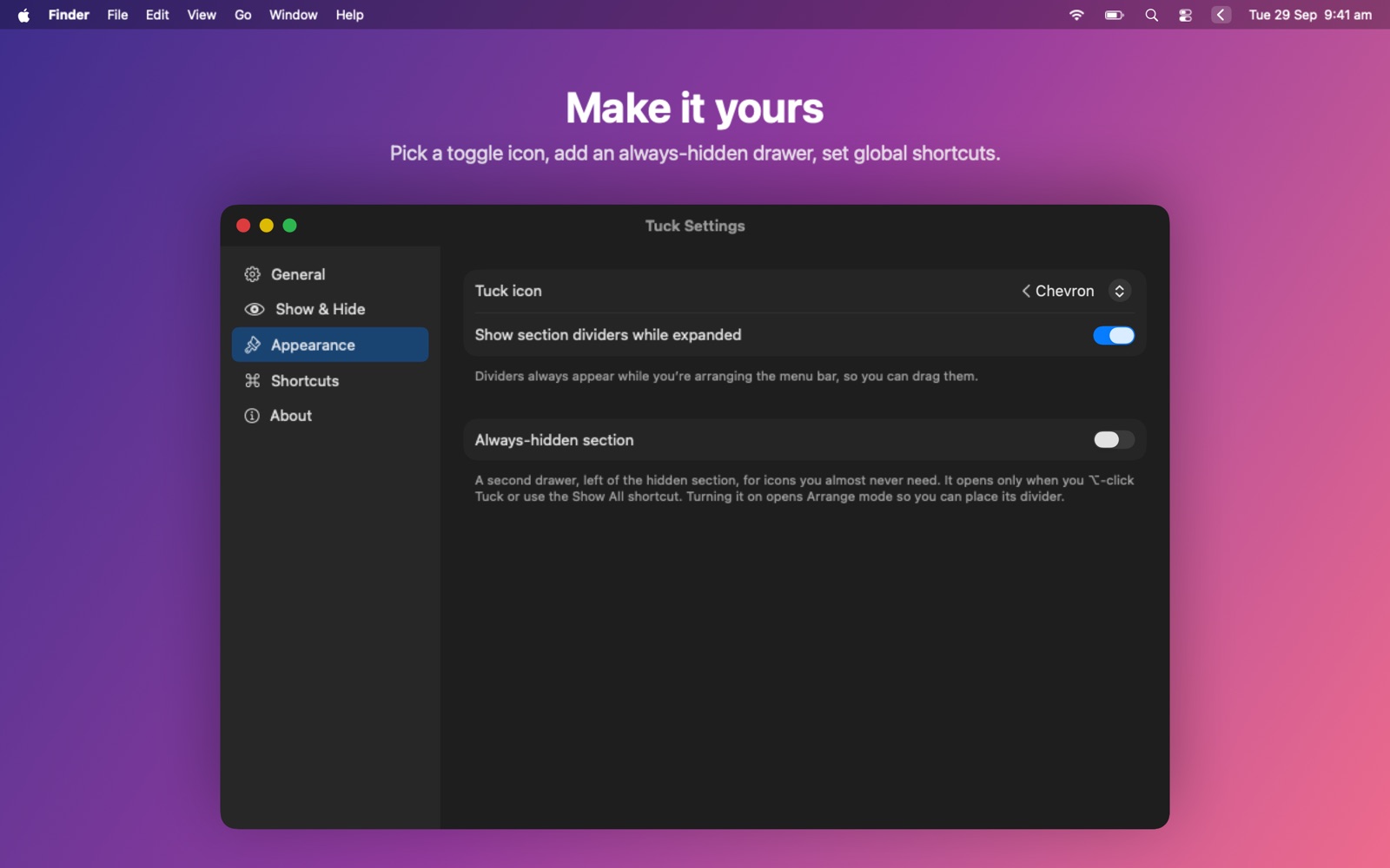 Appearance settings for the Tuck toggle icon